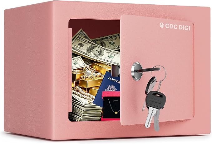 CDC DIGI Steel Security Safe Box with Key Lock,Safe Box for Home, Office, Money, Jewelry, Documents and Valuables, 0.23 Cubic Feet, 9.06" W x 6.69" D x 6.69" H, Pink