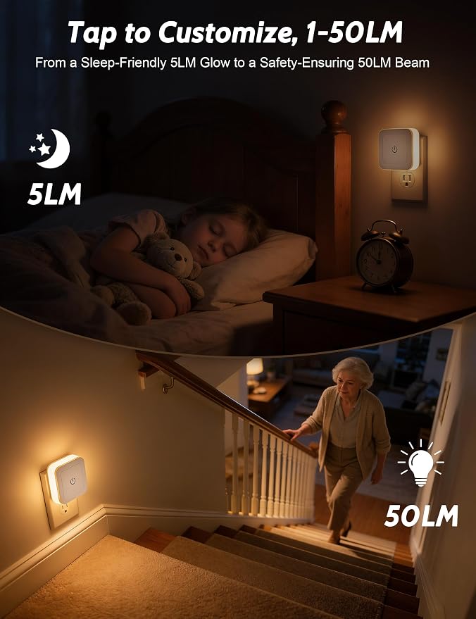 Sujeet Night Light, 4 Pack 1-50LM Stepless Dimming LED Night Light with 3CCT (3000K/4500K/6500K), Night Lights Plug into Wall for Adults, Bedroom, Bathroom, Hallway, Kitchen, Kids, No Light Sensor