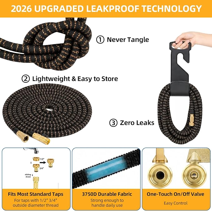 100 ft Expandable Garden Hose, Lightweight Expanding Water Hose with 10 Function Nozzle, 3/4" Solid Brass Fittings, 5-Layer Latex Core, No-Kink Flexible Retractable Hose for Patio, RV, Car Washing