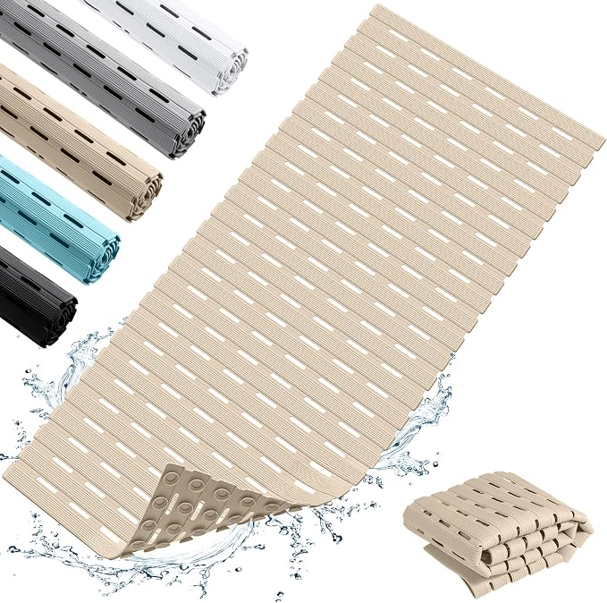 OTHWAY Non Slip Shower Mat, 36.6" x 16.9" Non Slip Shower Mats for Inside Shower, Shower Anti Slip Mat with Suction Cups, Easy to Cut Shower Floor Mat, Machine Washable Bathtub Mats, Light Brown