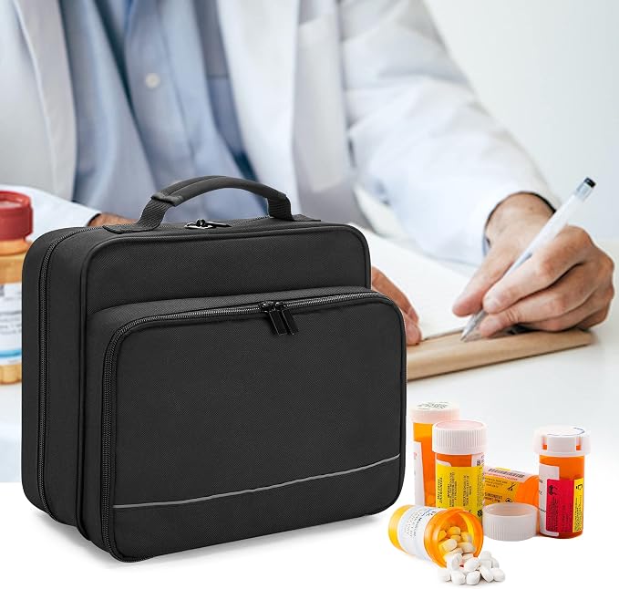 Damero Pill Bottle Organizer, Medicine Bottles Storage Bag, Black | Medication Travel Carrying Case, with Mesh Pouches and Elastic Bands, for Pill Organizer, Vitamins, Medical Supplements