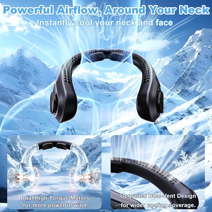 Portable Neck Fan Rechargeable - [with LED Display] 5 Speeds, 5000 mAh Battery Operated Wearable Personal Cooling Bladeless Fan for Outdoor Travel, Gifts for Men Women Kids,Black
