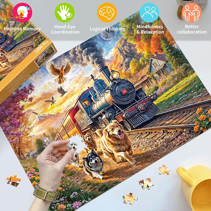 Puzzles for Adults 1000 Pieces,Happy Train Jigsaw Puzzle with 1:1 HD Poster, Perfect Interlocking No Dust, Stress Relief Ideal Gift for Family Games