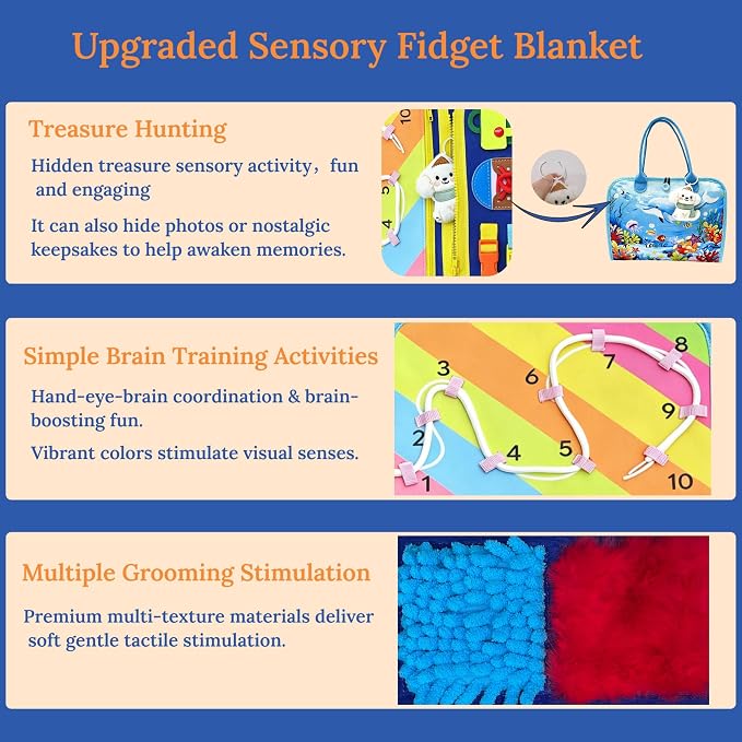 Fidget Blanket for Adults with Dementia, Activities for Dementia Boredom, Alzheimers Product for Elderly, Multi-Sensory Stimulation Relieves Anxiety | colorful and fun,simple to play