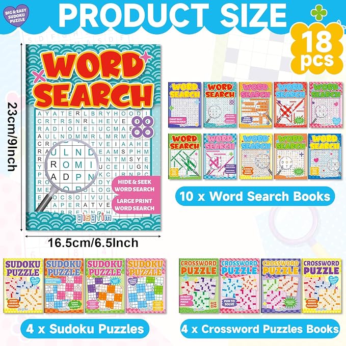 18 Pack Large WordSearch Puzzle Books for Adults Aging Seniors 6.5x9 Inches Word Find Puzzle Books Giant Print Words Activity Book Brain Games Include 10 Word Search 4 Sudoku Puzzle 4 Crossword Games