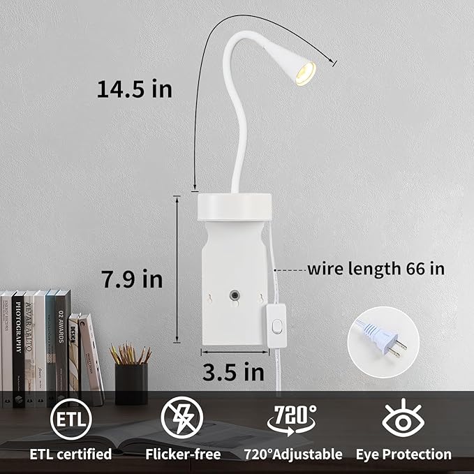 White Headboard Reading Light, No Drilling Wall Mounted Reading Lights for Bedside, Book Light for Bedtime Reading, Buttonless Dimmable Reading Lamp, Movable Gooseneck Reading Sconces for Bedroom