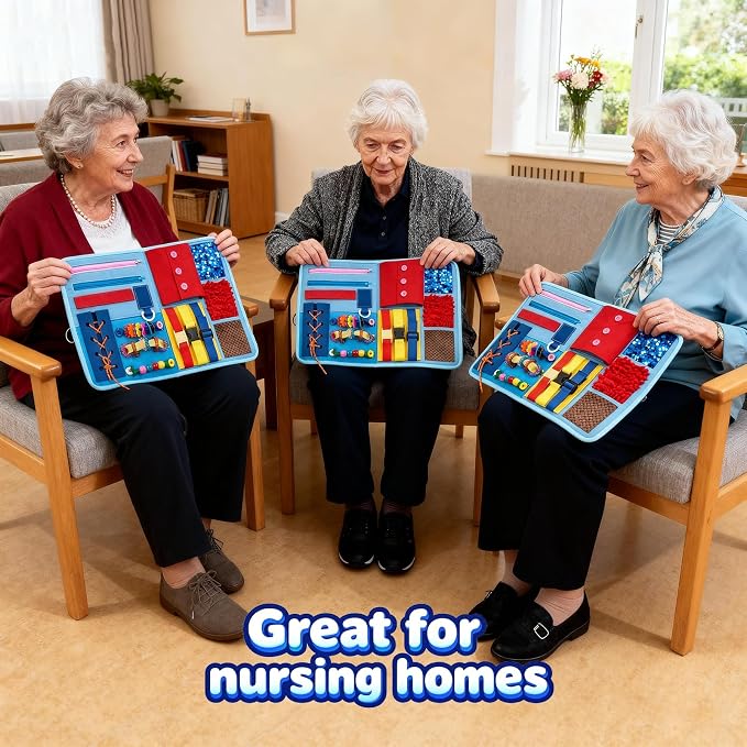 Fidget Blanket for Elderly with Dementia & Alzheimer's, Sensory Activity Mat with Fine Motor Skill Items, Calming Therapeutic Blanket for Seniors, Anxiety, Autism, Machine Washable & Portable (Blue)