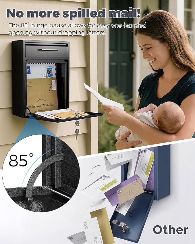 LAND·VOI Large Capacity Mailbox for Outside, Heavy Duty Rustproof, Locking Mailbox, 4 Replaceable Keys, Weatherproof Wall Mounted Mailbox for Residential & Apartment, 15.4"×11.8"×4.7", Black, Large