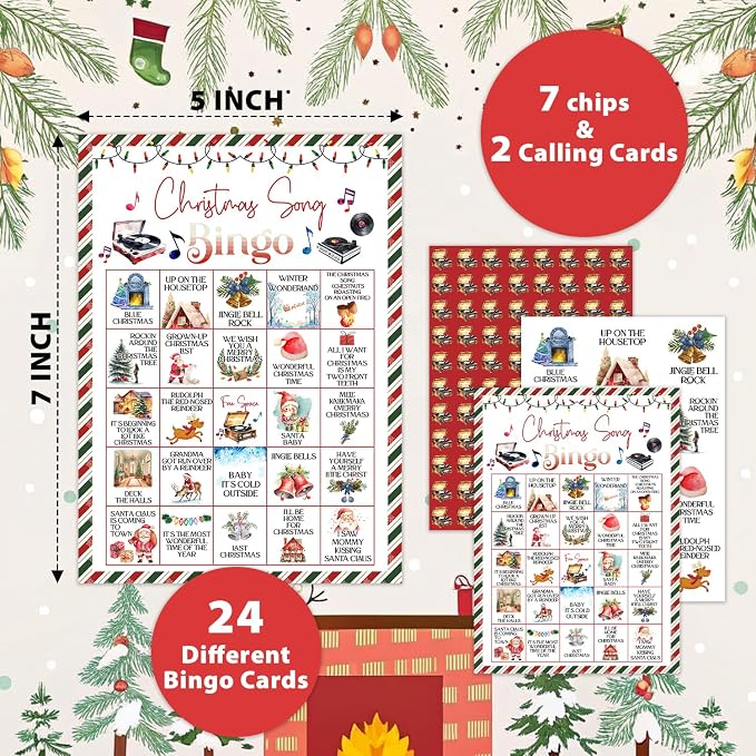 Christmas Song Bingo Game - Winter Bingo Card - 24 Players Bingo Game Set Indoor Outdoor Activities - Christmas, New Year Party Favors Supplies -A13