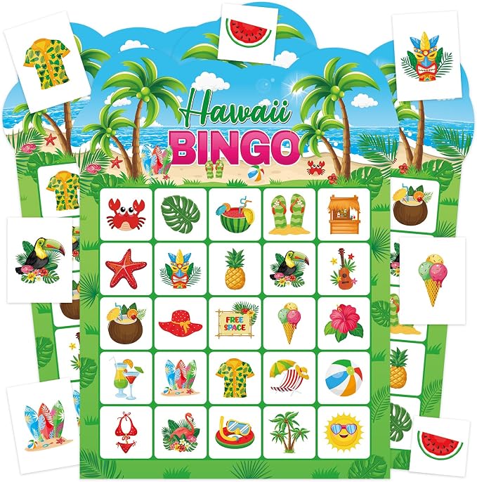 Summer Bingo Game Cards, 24 Players Tropical Hawaiian Bingo Cards for School Classroom Family Activities Summer Party Favors Supplies