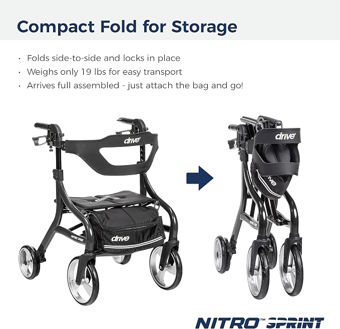 Drive Medical Nitro Sprint Rollator Walker with Seat, Petite Height, Black | Lightweight Rollator with Large Wheels Offers Short, Foldable Design for Seniors and Adults Every Day