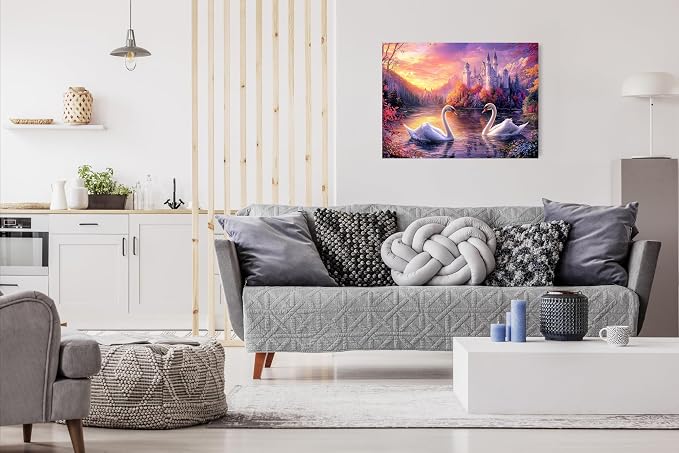 Adult Jigsaw Puzzle Swans Castle Lake 1000 Piece | Features swans swimming at sunset on a castle lake. 20x27 inches. Great for game nights on a table, puzzleboard, or floor.