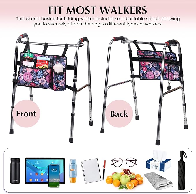 Walker Accessories for Folding Seniors Bag Walker Organizer Storage Pouch Cup Holder Carry with Pockets Detachable -red Flower
