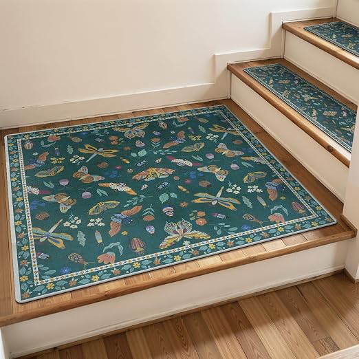 OJIA Insect Stair Treads Matching Mat for Wooden Steps 31"x31" Landing Rug | Square Stair Runners for Wooden Steps Indoor Rubber Anti-Slip Carpet for Stairs Landing Mat Stair Rugs 31x31 Dark Green