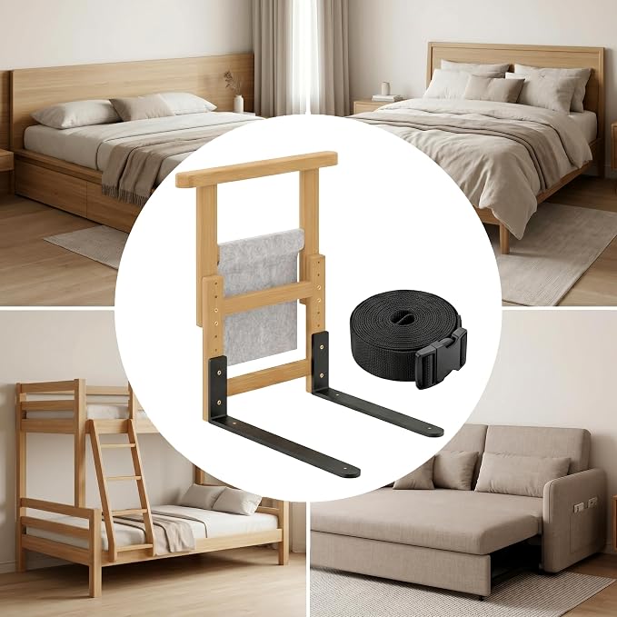 Bamboo Bed Assist Rail for Seniors Adjustable Grab Bar 300lbs Nature | Non-Slip Handle, Storage Pocket, Fits 4–12 inch Mattresses, Fits Twin, Full, Queen & King Beds