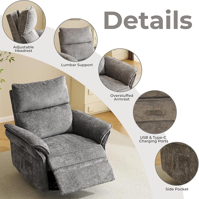Oversized Power Recliner Chair Swivel Glider with Massage and Heat, Rocker Nursery Recliner for Adults with Adjustable Headrest, 24" Extra Wide Nursery Chair with Overstuffed Armrest, Dark Grey