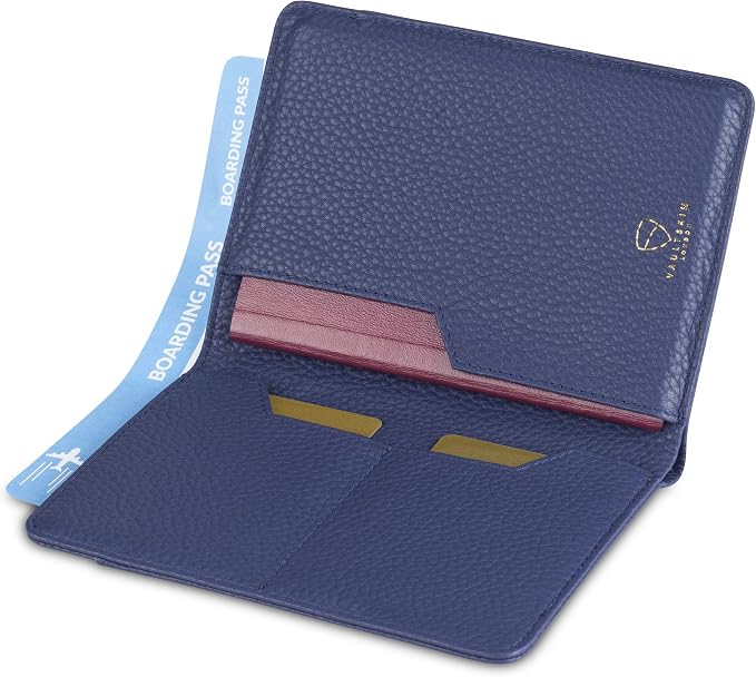 Vaultskin KENSINGTON Passport Holder for Travel, RFID Wallet (Matt Blue) | Slim genuine leather book cover, small case for men and women, inner sleeve, cards, cash, scan blocking protection, gift box