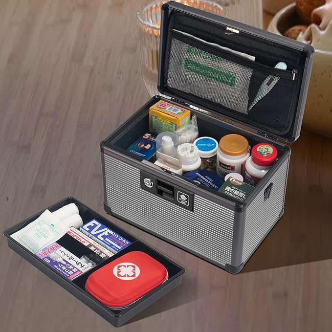 Medicine Lock Box with Key, Alluminum Alloy Box for Medication,First Aid Box with a Removeable Tray to Store Medicines & Pills for Home, Black, 14 * 8.46 * 7.48 Inch