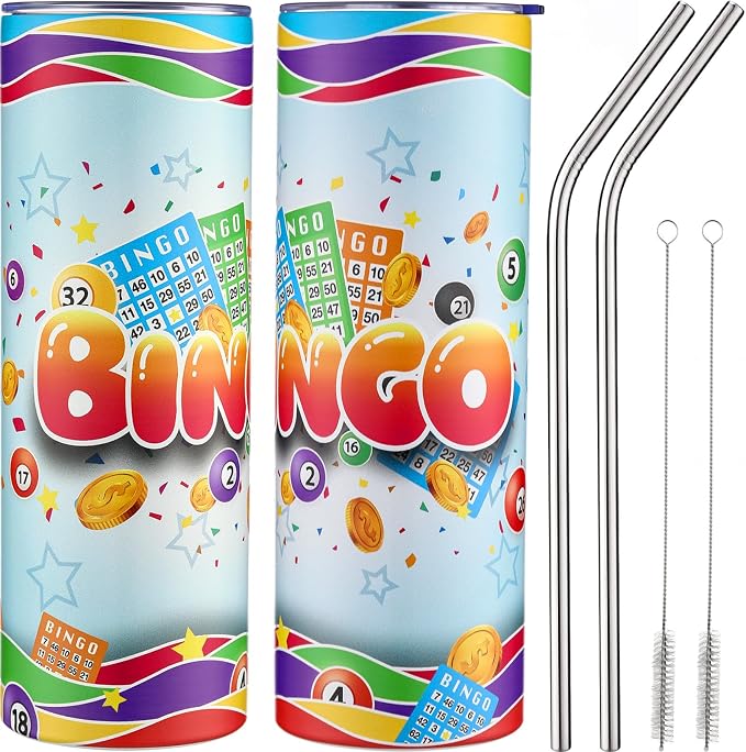 Geiserailie 2 Pack Bingo Tumbler Cups 20 oz Game Gifts Stainless Steel Tumbler with Lids Prizes for Seniors Mom Grandma Dad (Classic)