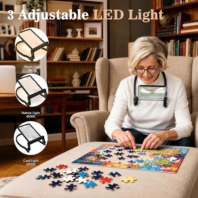 Magnifying Glass with Light for Reading,Rechargeable Hands Free Magnifier | 3-color dimmable LED for cross stitch,sewing,beading,model building,jewelry repair,craft hobbies,precision tasks close work
