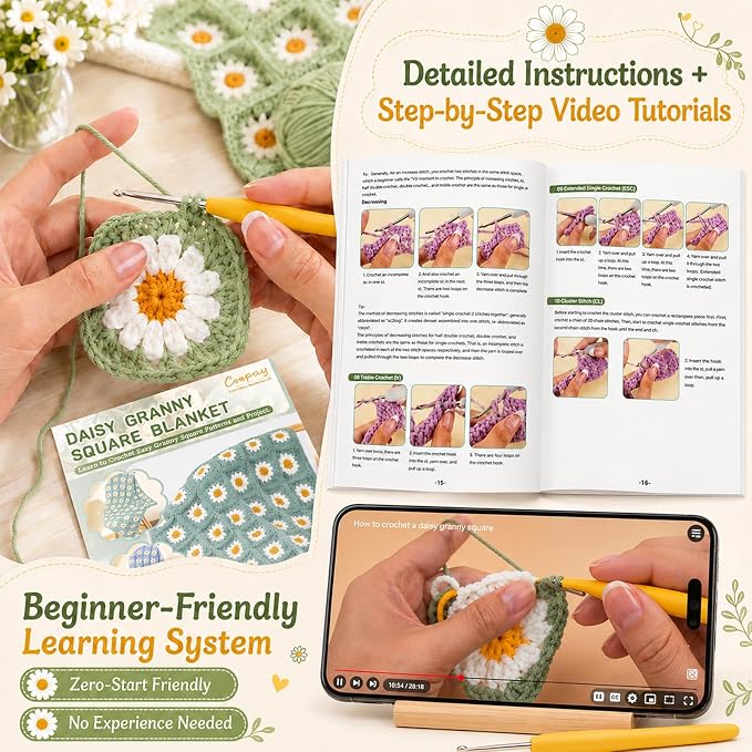 Coopay Crochet Kit for Beginners Adults, Large Granny Square Blanket Kit | Step-by-Step Guide Book & Video Tutorial, 1200g Anti-Pilling Yarn, Ideal Crochet Gift for Family & Beginners