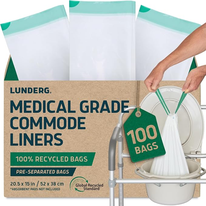 Lunderg Recycled Commode Liners - 100 Environment Friendly Toilet Bags | Medical Grade Bedside Commode Liners Disposable - Universal Fit & Easy to Use - Absorbent Pads Not Included