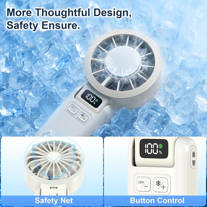 Handheld Portable Fan with Ice Cooling Rechargeable 5.5m/s Speed | 5-Speed, Independent Switch, Digital Display, Foldable Personal Fan for Travel/Concerts/Sport Events/Gifts