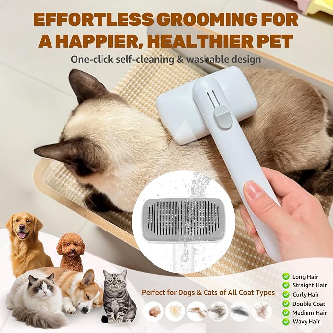 Self Cleaning Slicker Brush for Dogs & Cats – Skin-Friendly One Click Hair Removal, Deshedding Tool for Long & Short Hair, Reduces Shedding & Removes Mats, Safe for Puppies & Kittens- White