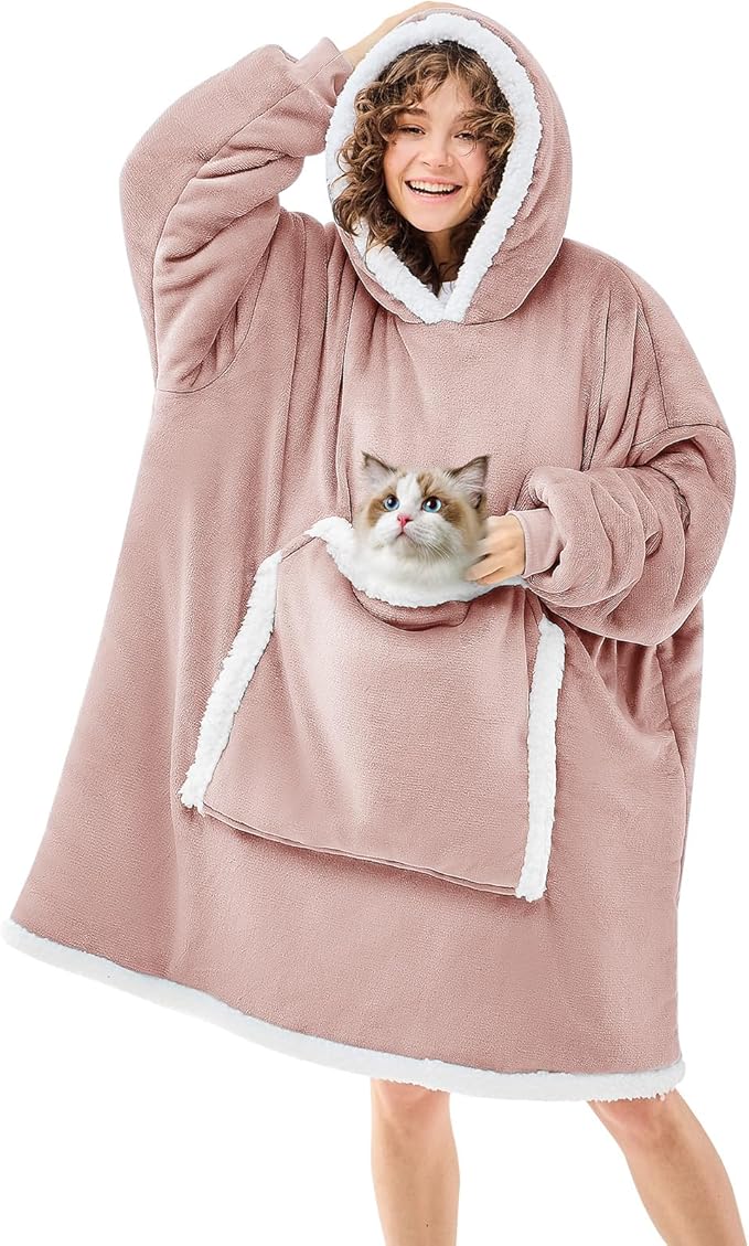 JOYWOO Pink Wearable Blanket Hoodie, Oversized Cat Lovers Sweatshirt Blanket for Adult & Teens, Birthday Gifts for Women Mom Girl Boys,Cozy Sherpa Blanket Giant Pocket Gifts,Dusty Pink Small