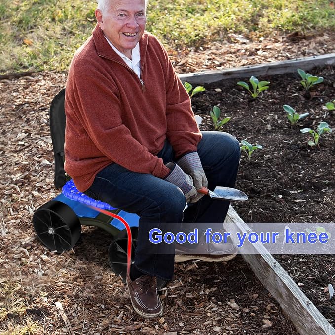 i Cover Garden Cart Rolling Stool with Four Wheels and Tool Bag, Stable Workseat Sturdy Carts Adjustable Seat Height and Direction, Gardening Helper, Blue