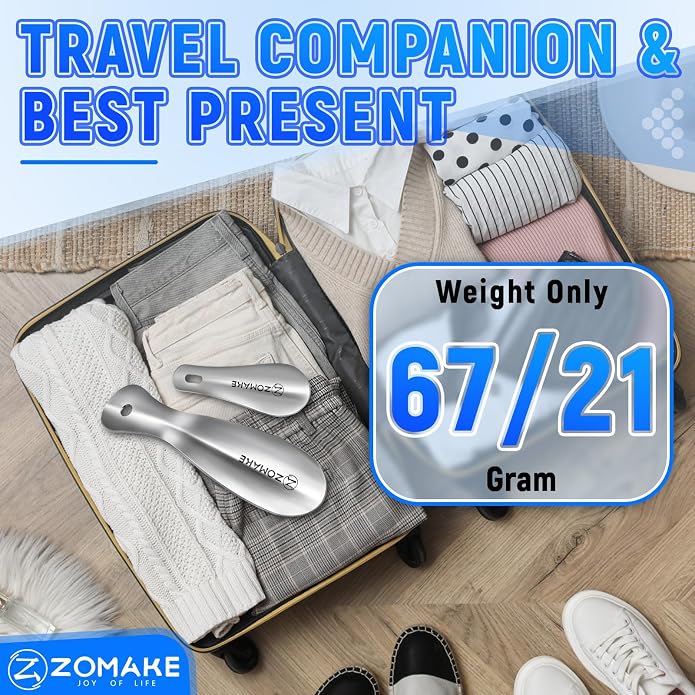 ZOMAKE Metal Shoe Horn, Small Travel Shoehorn for Men Women Kids 7.5''&3.9" | 3 Pack Stainless Steel Portable Shoe Spoon Helper, Compact Travel Size, Built-In Hang Hole, Smooth Rounded Curve, Shoe Care
