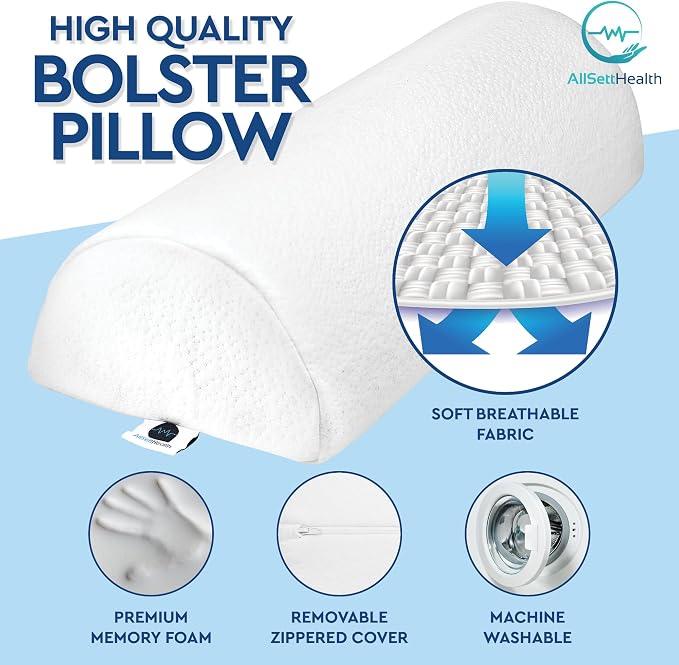 AllSett Health Half Moon Bolster Pillow for Legs, Back and Head (2 Pack) Semi Roll for Ankle and Foot Comfort with White Cotton Machine Washable Cover | Premium Memory Foam | 2 Pillow System