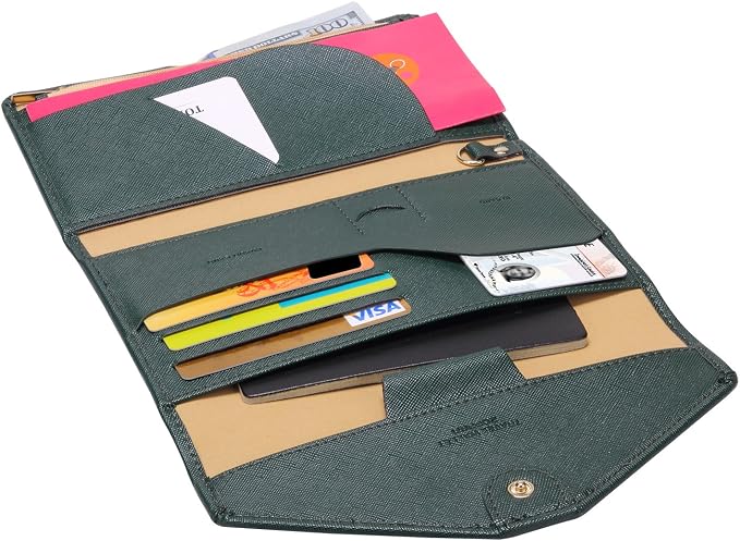 Passport Holder Travel Wallet Organizer for Women,Dark Olives | RFID secure, 6 card slots, 35 sim pockets, passport holder with zip-around wallet, slim fit for women travelers.