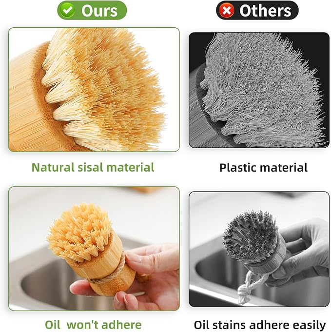 SUBEKYU Bamboo Dish Scrub Brushes, Kitchen Wooden Cleaning Scrubbers Set for Washing Cast Iron Pans/Pots, Set of 2