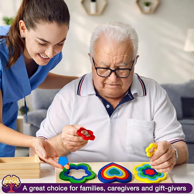 15 Pieces Cognitive Toys for Dementia, Activities for Seniors, Large Wooden Dementia Games for Parkinson Patients, Easy Geometric Alzheimer Puzzles for Elderly, Shape Pattern Matching Board Gifts