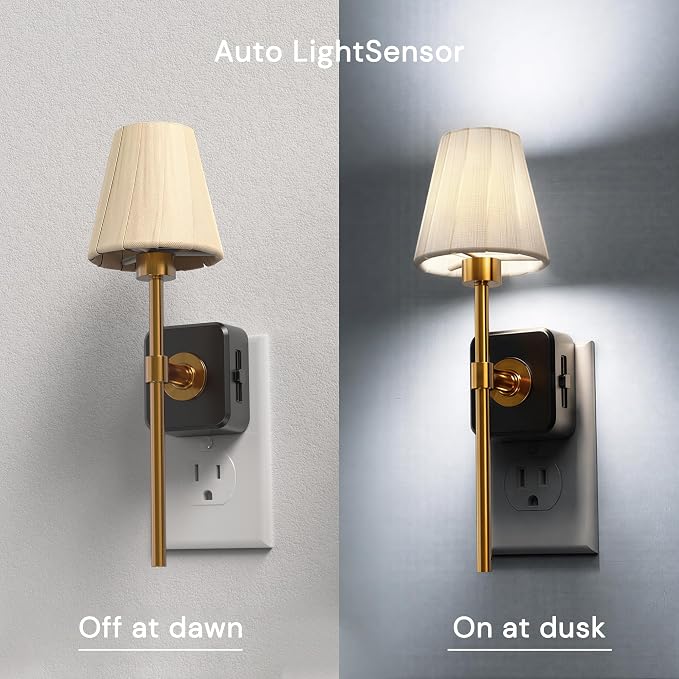 L LOHAS LED Night Lights Plug into Wall, Pleated Fabric Cover Night Light | 5000K Daylight with 0-100LM Dimmable Night-light, Dusk to Dawn Sensor Vintage Nightlight for Bedroom Living Room