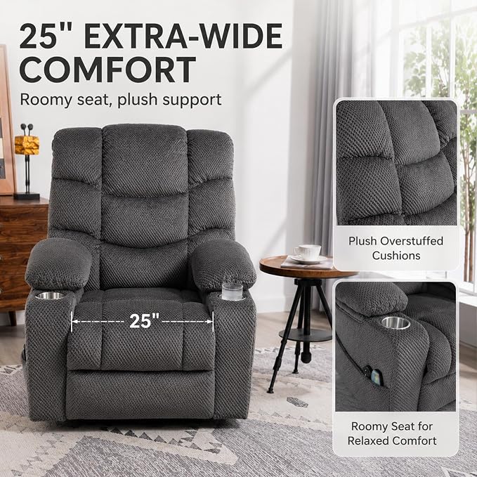 Ultra Wide Power Lift Recliner Chair for Elderly,Rotating Lounge Chair with Hot Massage Heating and Auxiliary Standing Function,Oversized Lazyboy Single Sofa with Cup Holder for Living Room (Grey)