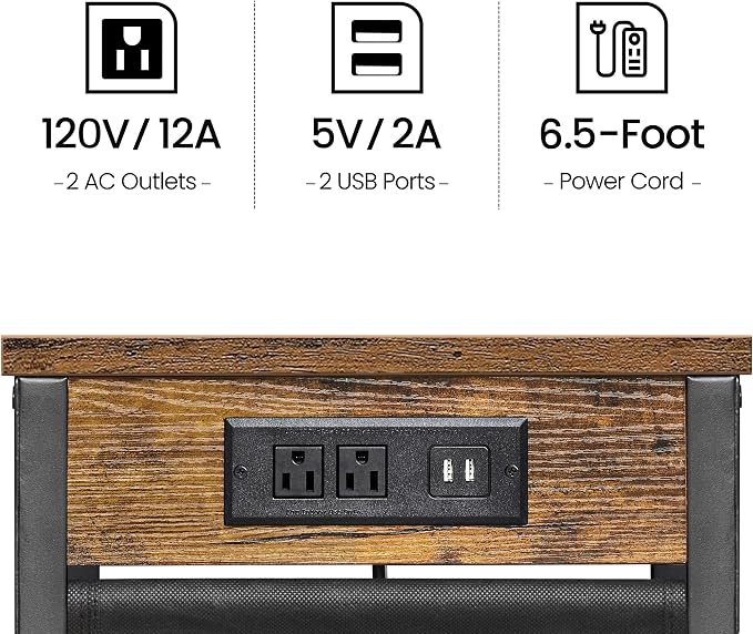 TUTOTAK C Shaped End Table with Charging Station, Side Table for Sofa | Couch Table with Storage Bag, TV Tray with 2 USB Ports and Outlets, Living Room and Bedroom, Brown TB01BB024
