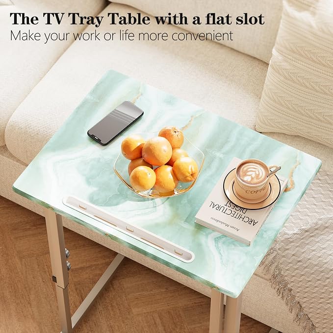 Folding Tv Tray Table,6 Height Adjustable Dinner Snack Slide Under Couch Side Table, Portable Foldable C-Shaped End Table for Eating with Sturdy MDF Top,No Assembly(Sea Blue+Silver)