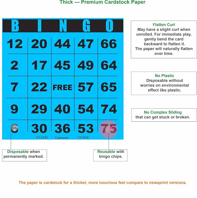 250 Bingo Cards, Large 4.5 x 4.5 Inch, Blue, Paper Bingo Sheets | 8 Color Options, Premium Cardstock, Disposable with Daubers or Reusable with Chips — Proudly Made in USA