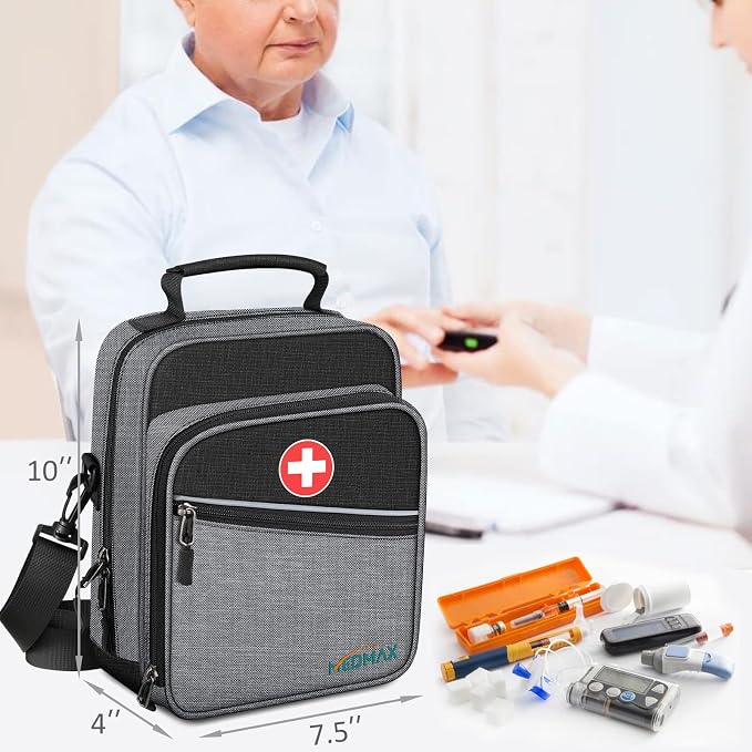 MEDMAX Insulin Cooler EpiPen Carrying Case Insulated, Travel Medication Diabetes Supplies Organizer Bag with Shoulder Strap for Asthma Inhaler, Auvi-Q, Allergy Medicine Essentials (Gray)