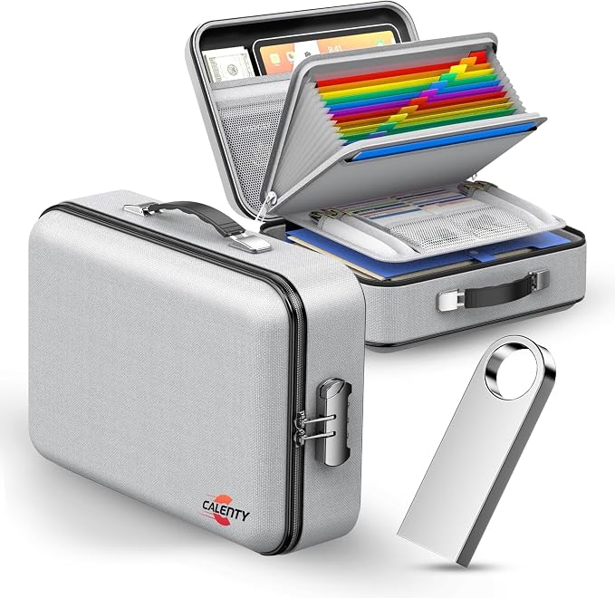Fire Safe Document Box (Hard Shell) with Lock, 8GB USB & Waterproof Zipper, 12-Layer Fire proof Document Box for Important Documents, Certificates, Laptop & Passports (White)
