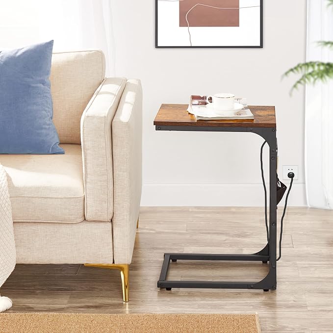 TUTOTAK C Shaped End Table with Charging Station, Side Table for Sofa | Couch Table with Storage Bag, TV Tray with 2 USB Ports and Outlets, Living Room and Bedroom, Brown TB01BB024