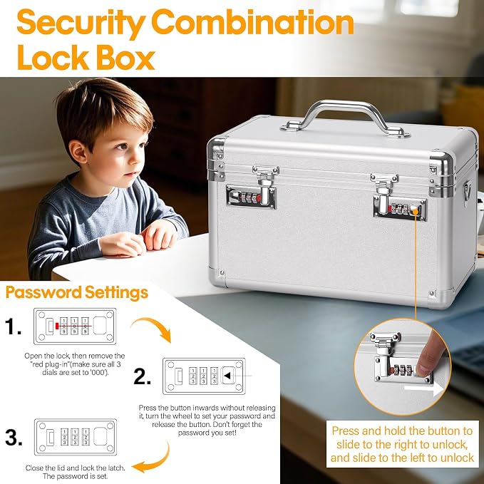 Combination Lock Box, Medicine Lock Box for Medication Storage, Prescription Drugs and First Aid Supplies, Portable Lockable Box for Home & Travel, 11 x 6.7 x 7.9 Inch Medium Silver
