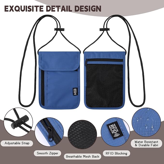 Likesing 5.5" L x 7.9" W Travel Neck Wallet, RFID Passport Holder (Blue) | RFID Blocking Passport Holder for Travel, Security Lightweight Passport Travel Wallet, Neck Pouch Gifts for Women Men