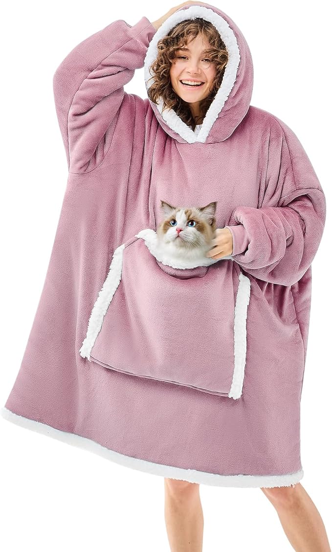 JOYWOO Purple Wearable Blanket Hoodie,Oversized Cat Lovers Sweatshirt Blanket for Adult & Teens, Birthday Gifts for Women Men Mom Girl Boys,Cozy Fuzzy Sherpa Blanket Giant Pocket Gifts,Lavender Small