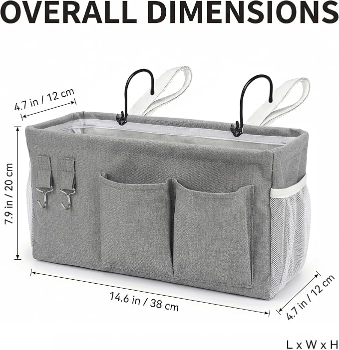 1pc Bedside Caddy Organizer with Hooks, No-Sagging Canvas Hanging Bed Pocket with Water Bottle Holder, Bedside Storage for Dorm Room Essentials, Bunk Bed Accessories, Hospital Bed Rails & Crib (white)