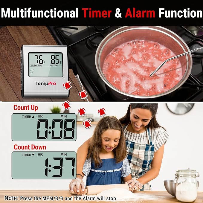 TempPro TempTrack Large LCD Digital Meat Thermometer for Cooking | Kitchen Food Thermometer With Clock Timer, Stainless Steel Temperature Probe for Oven Smoker BBQ Grill(Previously ThermoPro)