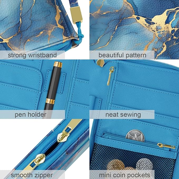 Family Passport Holder Wallet RFID Blocking Document Organizer | PU Leather Mulit-purpose Travel Wallet Credit Cards Case for Women Men, Blue Marble