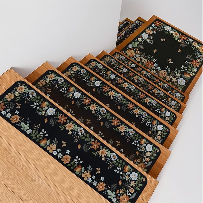 OJIA Floral Stair Treads Non-Slip Landing Mat for Wooden Steps 31"x31" | Square Carpet Stair Treads Rubber Backing Stair Runner Anti-Slip Stair Matching Mat Stair Rugs Carpet for Stairs